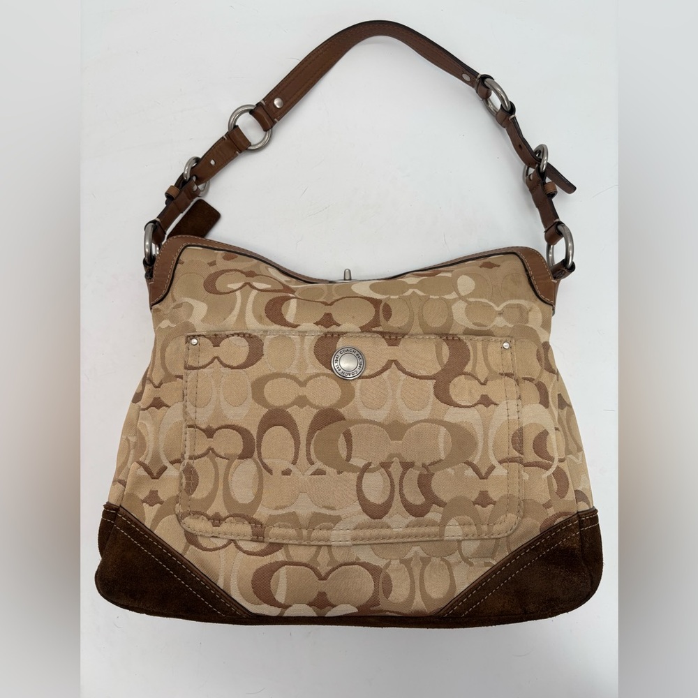 Coach Y2K Chelsea Optic Signature Brown Suede Turnlock Hobo Bag Vintage